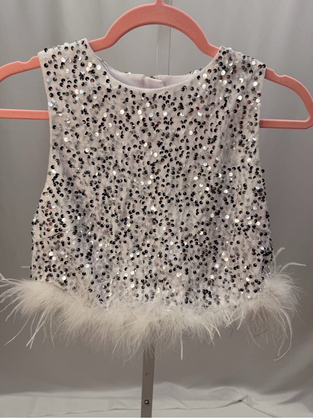 NWT Cloud Ten White Sequin Feather Trim Crop Top Party Night Out